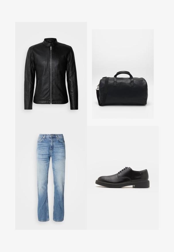 Chaqueta de cuero negro con cuello alzado, cierre frontal de cremallera, bolsillos laterales y diseño ajustado. Textura suave y acabado elegante.; Suéter negro de cuello alto hecho de una tela suave. Presenta mangas largas, cuello y puños acanalados, con una textura suave y sin patrones.; Jeans de mezclilla azul claro con corte recto, acabado desgastado, cinco bolsillos y cierre de botón. Diseño clásico y grosor medio.; Zapato negro de cuero con cordones, punta redondeada, textura suave, costuras mínimas y tacón bajo de goma. Logo en el tacón.; Bolsa de deporte negra hecha de material sintético texturizado. Cuenta con dos asas y una correa de hombro ajustable. Diseño sencillo sin patrones visibles.