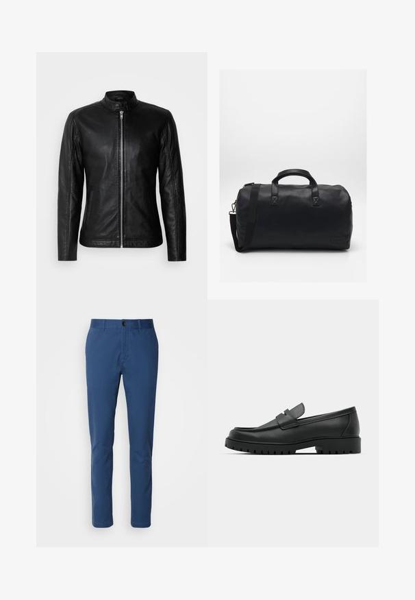 Sort læderjakke med opretstående krave, frontlynlås, sidelommer og tætsiddende design. Glat tekstur og elegant finish.; Sort tregnet trøje lavet af blødt stof. Har lange ærmer, ribbestrikket krave og manchetter, samt en glat overflade uden mønstre.; Marineblå bomulds-chinos med slim fit; har en standard talje, fork pockets og en enkelt knaplukning. Glat tekstur.; Sorte læder loafers med rund tå, der har et syet design, lav platformssål og en struktureret, skridsikker gummisål.; Sort duffel bag lavet af tekstureret syntetisk materiale. Har to håndtag og en justerbar skulderrem. Enkel design uden synlige mønstre.