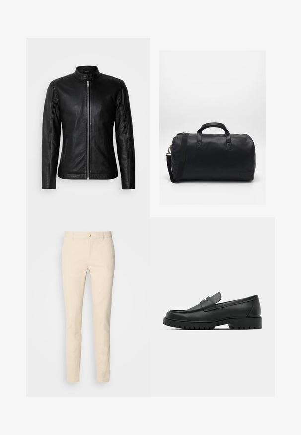Zwarte leren jas met een staande kraag, ritssluiting aan de voorkant, zijzakken en een getailleerd ontwerp. Soepele textuur en een luxe afwerking.; Zwarte coltrui van zacht materiaal. Heeft lange mouwen, ribgebreide kraag en manchetten, met een gladde textuur en zonder patronen.; Scotch & Soda ESSENTIAL MOTT - Chino - parchment; Zwarte leren instappers met een ronde neus, voorzien van een gestikt ontwerp, een lage platformzool en een gestructureerde, grof rubberen buitenzool.; Zwarte duffelbag gemaakt van textuursynthetisch materiaal. Beschikt over twee handvaten en een verstelbare schouderband. Eenvoudig ontwerp zonder zichtbare patronen.
