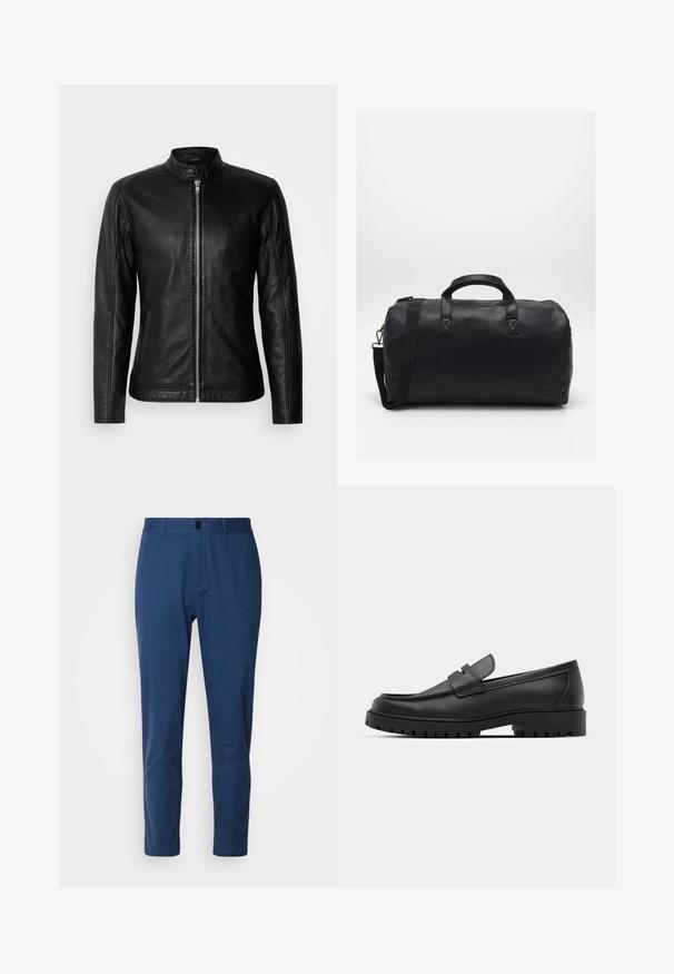 Svart läderjacka med ståkrage, dragkedjeslutning framtill, sidofickor och figursydd design. Slät textur och elegant finish.; Svart polotröja gjord av mjukt tyg. Har långa ärmar, ribbad krage och manschetter, med en slät textur och inga mönster.; Mörkblå bomullsbyxor med en slät textur, rak skärning och knappstängning i midjan. Inga synliga mönster eller detaljer.; Svarta lädersneakers med rund tå, med en sydd design, låg plattformssula och en texturerad, mönstrad gummisula.; Svart Duffelväska gjord av texturerat syntetiskt material. Har två handtag och en justerbar axelrem. Enkel design utan synliga mönster.