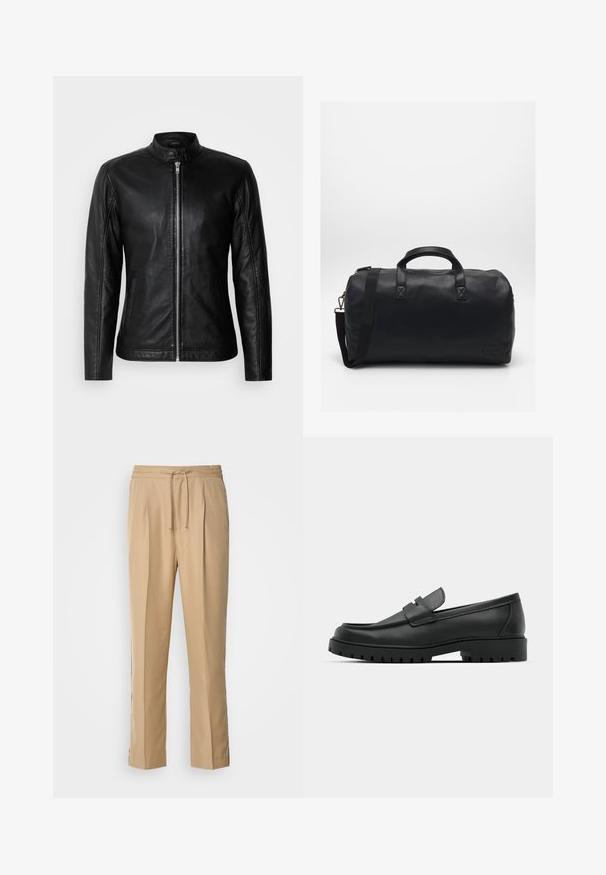 Giacca in pelle nera con collo rialzato, chiusura frontale con zip, tasche laterali e design aderente. Texture liscia e finitura elegante.; Maglione collo alto nero realizzato in morbido tessuto. Presenta maniche lunghe, colletto e polsini a coste, con una texture liscia e senza fantasie.; Pantaloni beige chiaro realizzati in tessuto morbido, dotati di una vita con coulisse, due pieghe frontali e gambe dritte e morbide per il massimo comfort.; Mocassini in pelle nera con punta rotonda, caratterizzati da un design cucito, suola piatta bassa e un battistrada in gomma testurizzata e scolpita.; Borsa a secchiello nera realizzata in materiale sintetico testurizzato. Presenta due manici e una tracolla regolabile. Design semplice senza motivi visibili.