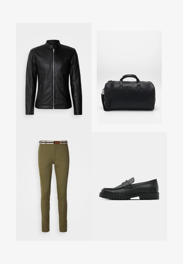 Sort læderjakke med opretstående krave, frontlynlås, sidelommer og tætsiddende design. Glat tekstur og elegant finish.; Sort tregnet trøje lavet af blødt stof. Har lange ærmer, ribbestrikket krave og manchetter, samt en glat overflade uden mønstre.; Slanke olivengrønne bukser med en glat finish, der har en stribet talje i marineblå og hvid, samt et accent i brun læder til bælteløkken.; Sorte læder loafers med rund tå, der har et syet design, lav platformssål og en struktureret, skridsikker gummisål.; Sort duffel bag lavet af tekstureret syntetisk materiale. Har to håndtag og en justerbar skulderrem. Enkel design uden synlige mønstre.