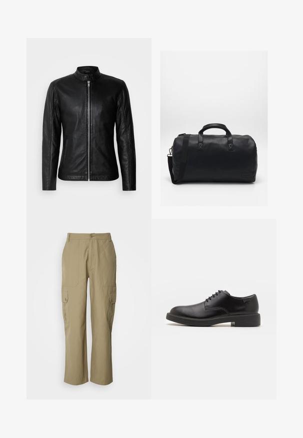 Musta nahkatakki, jossa on pystyasenteinen kaulus, etuvetoketjukiinnitys, sivutaskut ja muotoiltu malli. Sileä pinta ja tyylikäs viimeistely.; Lindbergh HALF ZIP - Neule - black; Beige cargo-housut kevyestä kankaasta, joissa on kaksi sivutaskua, nappikiinnitys ja suora lahkeiden muoto.; Mustat nahkasaappaat, joissa on pyöreä kärki, sileä pinta, minimaalinen ommel ja matala kumipohja. Logo kannassa.; Mustasilmäkekassi, joka on valmistettu teksturoidusta synteettisestä materiaalista. Varustettu kahdella kahvalla ja säädettävällä olkahihnalla. Yksinkertainen muotoilu ilman näkyviä kuvioita.