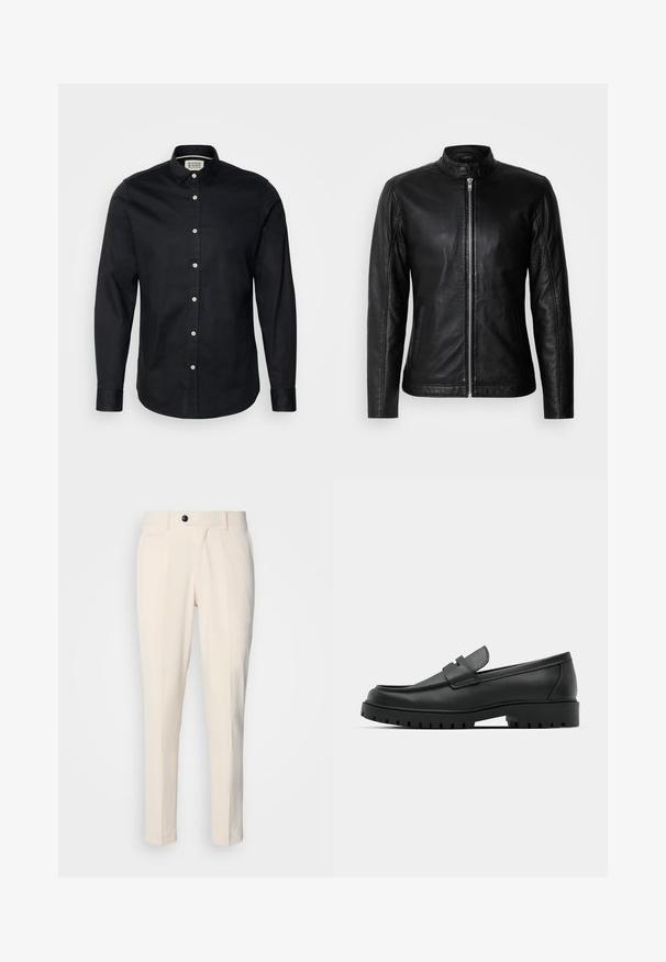 Zwarte leren jas met een staande kraag, ritssluiting aan de voorkant, zijzakken en een getailleerd ontwerp. Soepele textuur en een luxe afwerking.; Zwarte pullover trui met een ritskraag, lange mouwen, ribgebreide manchetten en zoom, gemaakt van een zachte, gladde stof.; Zwarte langetermijn shirt van katoen, met een button-down kraag, een voorste knoopsluiting en een klein geborduurd logo op de borst.; Beige op maat gemaakte broek met een vlakke voorkant, enkele knoopsluiting en twee schuine zijzakken. Glad materiaal met een slanke pasvorm en taps toelopende pijpen.; Zwarte leren instappers met een ronde neus, voorzien van een gestikt ontwerp, een lage platformzool en een gestructureerde, grof rubberen buitenzool.