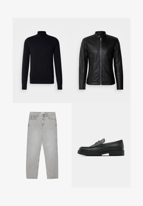 Svart läderjacka med ståkrage, dragkedjeslutning framtill, sidofickor och figursydd design. Slät textur och elegant finish.; Svart polotröja gjord av mjukt tyg. Har långa ärmar, ribbad krage och manschetter, med en slät textur och inga mönster.; Ljusgrå denimbyxor med rak benform, femficksdesign och knappstängning. Synliga sömmar längs sömmarna.; Svarta lädersneakers med rund tå, med en sydd design, låg plattformssula och en texturerad, mönstrad gummisula.