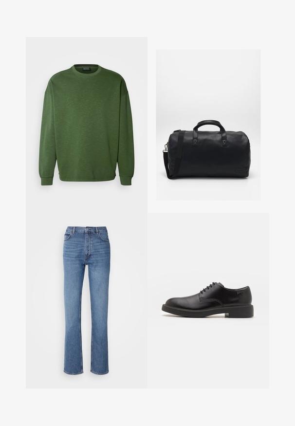 Black leather jacket with a stand-up collar, front zipper closure, side pockets, and fitted design. Smooth texture and sleek finish.; Green sweatshirt with a round neckline, loose fit, and long sleeves. Made from a textured fabric with ribbed cuffs and hem.; Blue denim jeans with a high waist, straight-leg design, and subtle fading. Features classic five-pocket styling and a zip fly closure.; Black leather lace-up shoe with a rounded toe, smooth texture, minimal stitching, and a low rubber heel. Logo on the heel.; Black duffel bag made of textured synthetic material. Features two handles and an adjustable shoulder strap. Simple design with no visible patterns.