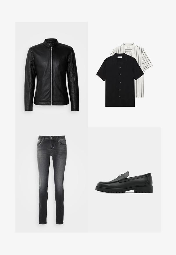 Chaqueta de cuero negro con cuello alzado, cierre frontal de cremallera, bolsillos laterales y diseño ajustado. Textura suave y acabado elegante.; Dos camisetas de manga corta: una de color negro sólido y otra blanca con rayas verticales negras. Ambas tienen cierre de botones y un cuello clásico.; Jeans skinny en denim gris oscuro, con un diseño clásico de cinco bolsillos, cierre de cremallera con botón y un ligero desteñido para un aspecto elegante.; Mocasines de cuero negro con punta redonda, que cuentan con un diseño cosido, suela de plataforma baja y una suela de goma texturada y con tacos.