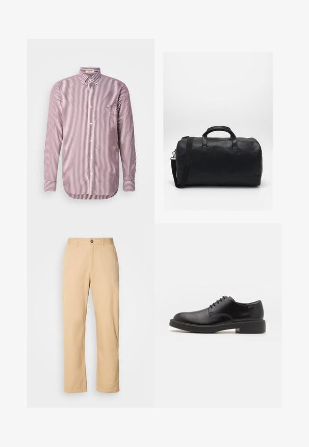 Giacca in pelle nera con collo rialzato, chiusura frontale con zip, tasche laterali e design aderente. Texture liscia e finitura elegante.; GANT REG POPLIN STRIPE - Camicia - wine red; Pantaloni in cotone khaki con design a gamba dritta, dotati di chiusura frontale con bottone e passanti per cintura. Tessuto liscio e superficie semplice.; Scarpa nera in pelle con lacci, punta tonda, texture liscia, cuciture minime e tacco in gomma basso. Logo sul tacco.; Borsa a secchiello nera realizzata in materiale sintetico testurizzato. Presenta due manici e una tracolla regolabile. Design semplice senza motivi visibili.