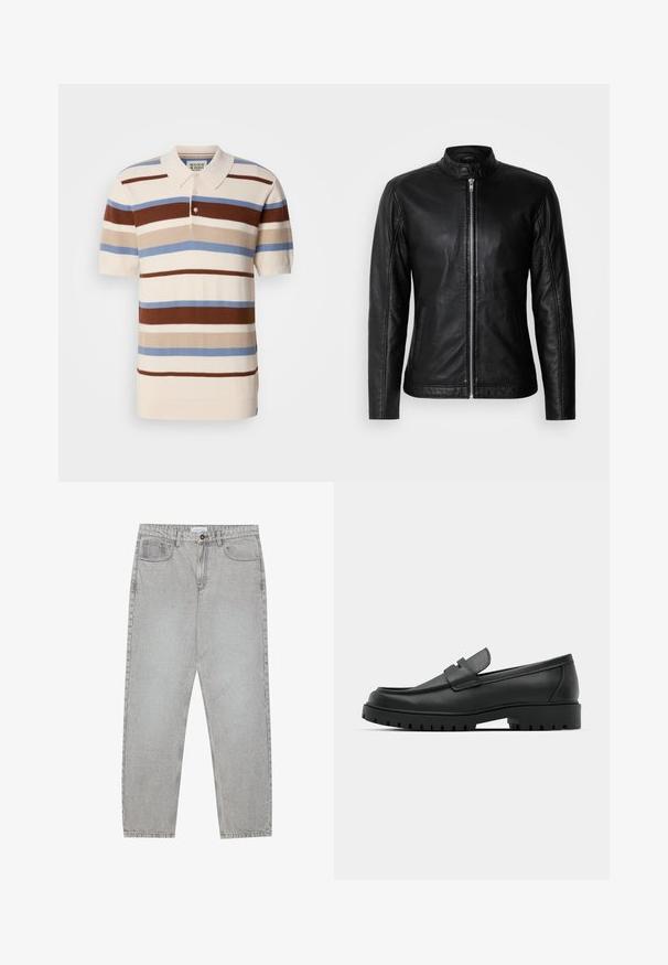 Schwarze Lederjacke mit Stehkragen, Frontreißverschluss, seitlichen Taschen und taillierter Passform. Glatte Textur und eleganter Finish.; Polohemd mit horizontalen Streifen in Braun, Beige und Blau auf einem cremefarbenen Hintergrund. Kurze Ärmel und Kragen. Strukturiertes Gewebe.; Helle graue Jeanshose mit gerade geschnittenem Design, Fünf-Taschen-Stil und Knopfverschluss. Sichtbare Nähte entlang der Seitennähte.; Schwarze Lederloafer mit runder Zehenform, ausgestattet mit einem gesteppten Design, niedrigem Plattformsohle und einer strukturierten, genoppten Gummisohle.
