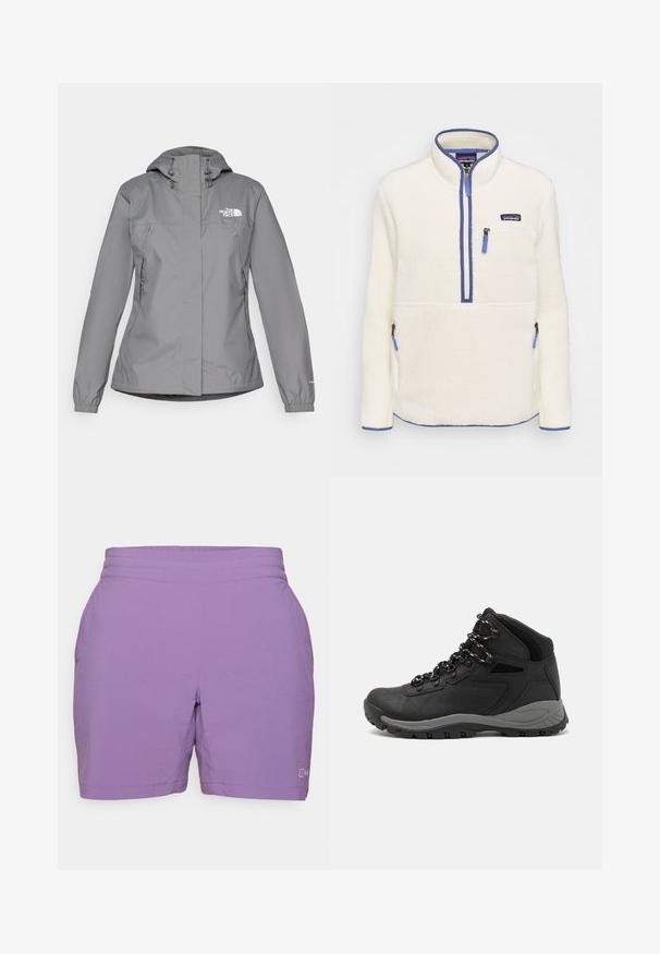 Grå vanntett jakke med hette, med elastiske mansjetter, glidelåslommer på sidene og en hvit logo på venstre bryst. Glatt tekstur.; Fleece genser i hvit, med halv-zip foran, blå glidelåsdetaljer, brystlomme og sidelommer. Jevn tekstur, høy krage.; Lilla treningsshorts med elastisk midje, sidelommer og en glatt tekstur. Rett snitt med subtile sømdetaljer.; Sorte turstøvler med mid-topp design, som har en teksturert overdel, grå detaljer og slitesterk gummisåle med godt grep.