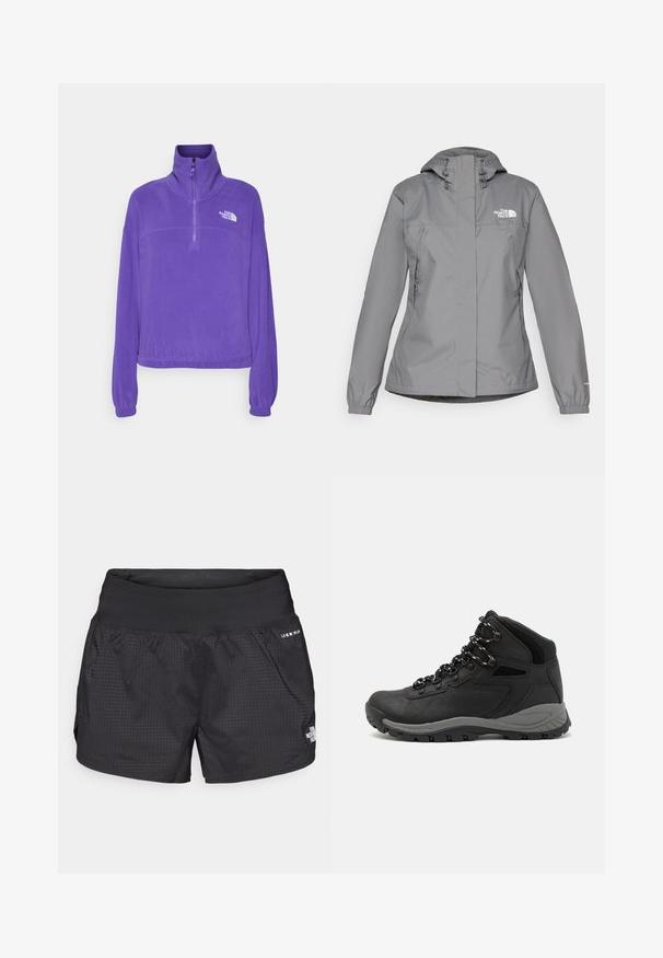 Gray waterproof jacket with a hood, featuring elastic cuffs, zippered side pockets, and a white logo on the left chest. Smooth texture.; The North Face 100 GLACIER HALF ZIP - Fleece jumper - peak purple; Grey short-sleeve t-shirt made of soft, moisture-wicking fabric. Features a crew neck and a small white logo on the upper left.; Black running shorts with a textured fabric, elastic waistband, and side pockets; features a small logo on the front.; Black hiking boot with a mid-top design, featuring a textured upper, gray accents, and durable rubber sole with traction lugs.