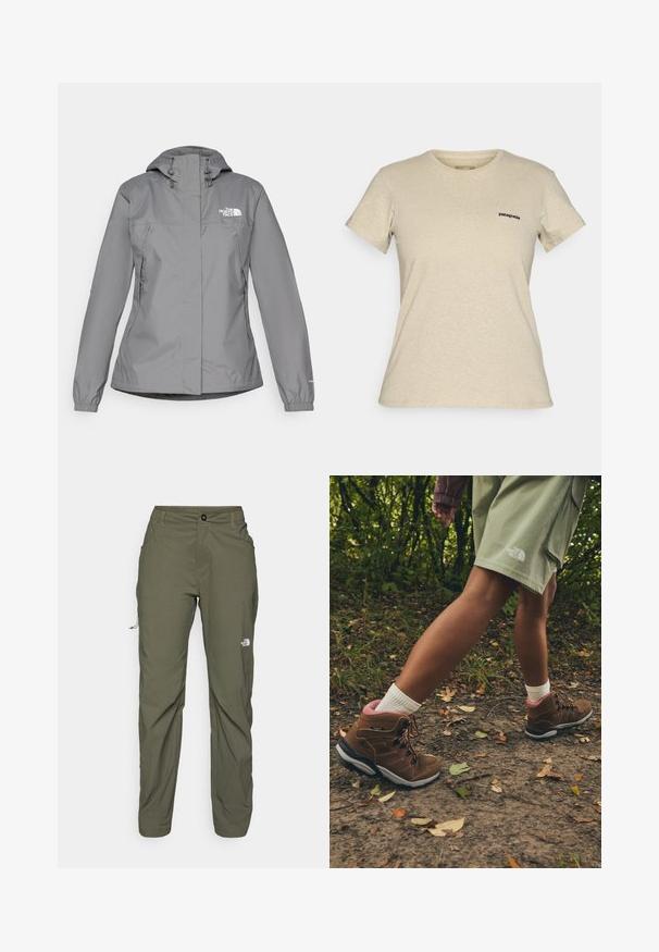 Pelēks ūdensnecaurlaidīgs mētelis ar kapuci, ar elastīgām aprocēm, ar rāvējslēdzēja sānu kabatām un baltu logotipu kreisajā krūtī. Gluda tekstūra.; Bežs Patagonia īsām piedurknēm T-krekls ar apaļu kaklu, kuram kreisajā krūtī ir neliels melns logs, attēlots uz vienkārša fona.; The North Face EXPLORATION PANTS - Āra bikses - new taupe green; Jack Wolfskin REFUGIO PRIME TEXAPORE MID W - Pārgājienu apavi - fawn