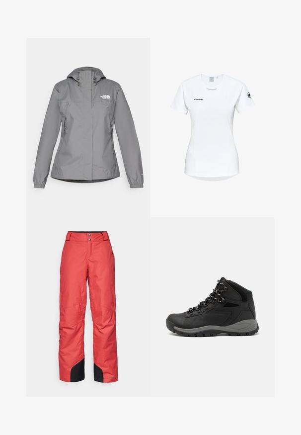 Grå vattentät jacka med huva, med elastiska manschetter, dragkedjefickor på sidan och en vit logotyp på vänster bröst. Slät textur.; Kortärmad vit träningsskjorta med rund halsringning, försedd med en logotyp på bröstet och en slät, lätt tygkvalitet.; Röda snöbyxor med en slät yta, bred benmodell och svarta detaljer vid bensluten. Fästa med två knappar vid midjan.; Svart vandringskänga med mellanhög design, som har en texturerad överdel, grå accenter och en slitstark gummisula med greppklackar.