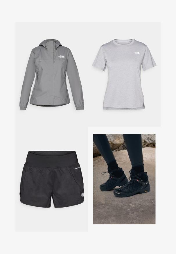 Giacca impermeabile grigia con cappuccio, dotata di polsini elastici, tasche laterali con zip e un logo bianco sul petto sinistro. Texture liscia.; T-shirt grigio a maniche corte realizzato in morbido tessuto traspirante. Presenta un collo tondo e un piccolo logo bianco nella parte superiore sinistra.; Shorts da corsa neri con tessuto testurizzato, vita elastica e tasche laterali; presenta un piccolo logo sulla parte anteriore.; Scarpe da trekking nere con design a caviglia alta, superficie testurizzata, punta rinforzata e suola Vibram. Presentano un sistema di chiusura con lacci e un marchio sul lato.
