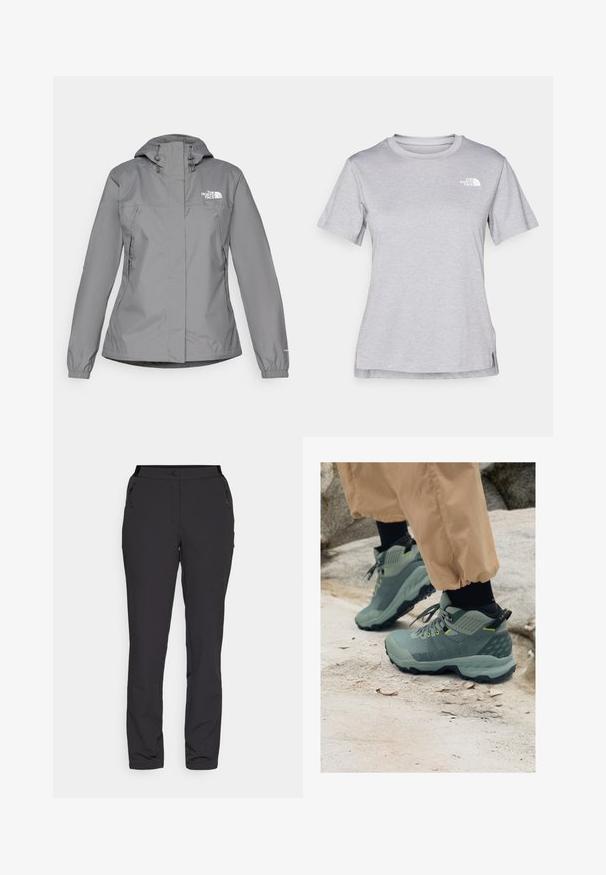 Siva vodootporna jakna s kapuljačom, s elastičnim manžetama, patentnim zatvaračem sa strane i bijelim logoom na lijevoj strani prsnog koša. Glatka tekstura.; Siva kratka majica s kratkim rukavima izrađena od mekog, tkanog materijala koji upija vlagu. Ima okruglu izrez i mali bijeli logo na gornjem lijevom dijelu.; Crne vanjske hlače, izrađene od lagane tkanine, imaju ravni kroj, džepove s patentnim zatvaračem na bočnim stranama i podesiv struk.; Mammut outdoor cipele u prigušenoj zelenoj boji s teksturiranim gornjim dijelom, žutim akcentima i čvrstim crnim potplatom. Izdržljiv dizajn za aktivnosti na otvorenom.