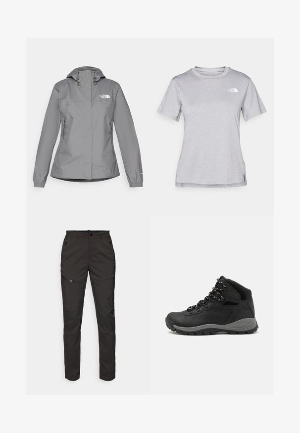 Siva vodootporna jakna s kapuljačom, s elastičnim manžetama, patentnim zatvaračem sa strane i bijelim logoom na lijevoj strani prsnog koša. Glatka tekstura.; Siva kratka majica s kratkim rukavima izrađena od mekog, tkanog materijala koji upija vlagu. Ima okruglu izrez i mali bijeli logo na gornjem lijevom dijelu.; ODLO PANTS REGULAR LENGTH ASCENT LIGHT - Hlače za otvoreno - black; Crne planinarske čizme s dizajnom srednjeg vrha, sa teksturiranim gornjim dijelom, sivim akcentima i izdržljivom gumom potplatom s uzorkom za prianjanje.