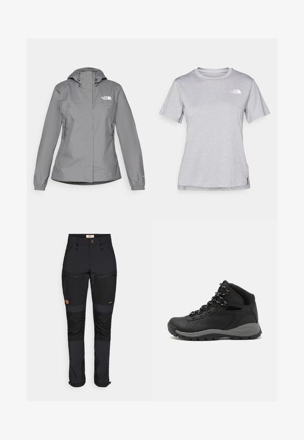 Pelēks ūdensnecaurlaidīgs mētelis ar kapuci, ar elastīgām aprocēm, ar rāvējslēdzēja sānu kabatām un baltu logotipu kreisajā krūtī. Gluda tekstūra.; Pelēks īsām piedurknēm T-krekls, kas izgatavots no mīksta, mitrumu noturoša auduma. Tam ir apaļš kakls un neliels balts logo kreisajā augšējā stūrī.; Fjällräven KEB AGILE TROUSERS - Āra bikses - black; Melni pārgājienu zābaki ar vidēju augstumu, ar teksturētu augšdaļu, pelēkiem akcentiem un izturīgu gumijas zoli ar saķeres izvirzījumiem.