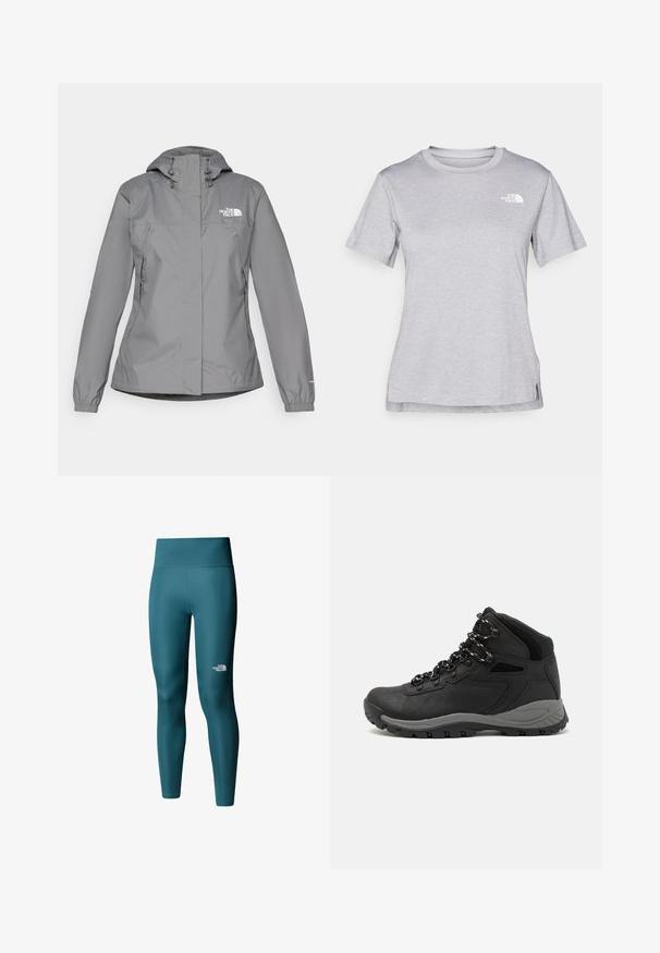Harmaa vedenpitävä takki hupulla, jossa on joustavat hihansuut, vetoketjulliset sivutaskut ja valkoinen logo vasemmassa rinnassa. Silkkinen tekstuuri.; Harmaa lyhythihainen t-paita, joka on valmistettu pehmeästä, kosteutta siirtävästä kankaasta. Siinä on pyöreä kaula-aukko ja pieni valkoinen logo vasemmassa yläkulmassa.; The North Face W FLEX 28IN TIGHT - Leggingsit - space; Musta vaelluskenkä, jossa on puolivartinen muotoilu, jolle on ominaista teksturoitu päällinen, harmaat yksityiskohdat ja kestävä kumipohja, jossa on pitoita lisääviä lukuja.
