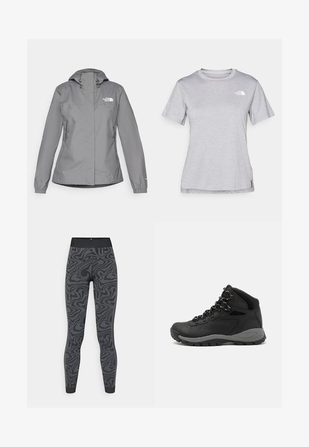 Veste imperméable grise avec capuche, présentant des poignets élastiques, des poches latérales zippées et un logo blanc sur la poitrine gauche. Texture lisse.; T-shirt gris à manches courtes fabriqué en tissu doux et évacuant l'humidité. Il présente un col rond et un petit logo blanc en haut à gauche.; Leggings en tissu extensible de couleur gris foncé avec un motif noir texturé et tourbillonnant ; design ajusté avec une taille large et des poignets ourlés.; Botte de randonnée noire au design mi-haut, avec un dessus texturé, des accents gris et une semelle en caoutchouc durable avec des crampons de traction.