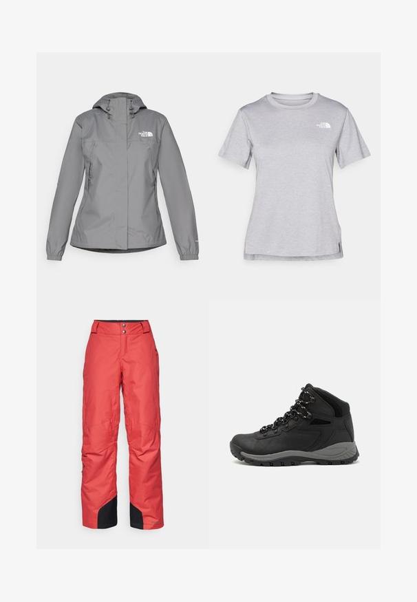 Šedá nepremokavá bunda s kapucňou, ktorá má elastické manžety, bočné vrecká na zips a biele logo na ľavej hrudi. Hladká textura.; Sivý tričko s krátkym rukávom vyrobené z jemného, vlhkosť odvádzajúceho materiálu. Obsahuje okrúhly výstrih a malé biele logo na hornej ľavej strane.; Červené zimné nohavice s hladkým povrchom, širokým strihom nôh a čiernymi akcentmi na manžetách. Zapínanie na dva gombíky v páse.; Čierna turistická obuv s polovičným strihom, s textúrovaným zvrškom, šedými akcentmi a odolnou gumovou podrážkou s protišmykovými hrebienkami.