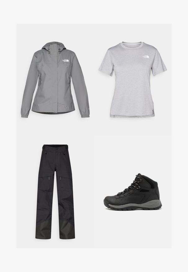Grau wasserfeste Jacke mit Kapuze, ausgestattet mit elastischen Bündchen, Reißverschlusstaschen an den Seiten und einem weißen Logo auf der linken Brust. Glatte Textur.; Graues T-Shirt mit kurzen Ärmeln aus weichem, feuchtigkeitsableitendem Stoff. Hat einen Rundhalsausschnitt und ein kleines weißes Logo auf der oberen linken Seite.; Schwarze wasserfeste Hose mit lockerer Passform, ausgestattet mit zwei Fronttaschen, verstellbarem Bund und dunklerem Stoff an den Knöcheln für zusätzliche Strapazierfähigkeit.; Schwarzer Wanderstiefel mit einem mittelhohen Design, ausgestattet mit einer strukturierten Oberfläche, grauen Akzenten und einer robusten Gummisohle mit Profilstollen.