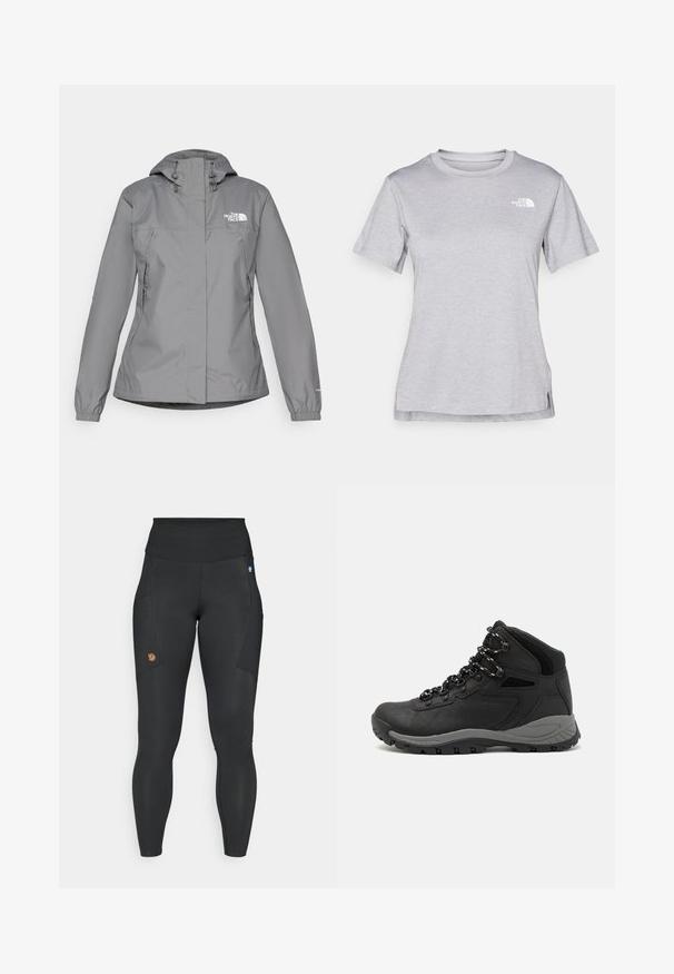 Grå vandtæt jakke med hætte, udstyret med elastiske manchetter, lynlåslommer på siden og et hvidt logo på venstre bryst. Glat overflade.; Grå kortærmet T-shirt lavet af blødt, fugttransporterende materiale. Har en rund hals og et lille hvidt logo øverst til venstre.; Sorte leggings lavet af strækbart materiale med en høj talje, sidelommer og et lille brunt logo-patch på venstre lår.; Sort vandrestøvle med en mellem-højde design, der har en tekstureret overdel, grå detaljer og en holdbar gummisål med skridsikre klodser.