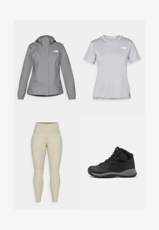 Grijze waterdichte jas met een capuchon, voorzien van elastische manchetten, ritszakken aan de zijkanten en een wit logo op de linkerborst. Glad van structuur.; Grijze T-shirt met korte mouwen, gemaakt van zachte, vochtabsorberende stof. Heeft een ronde hals en een klein wit logo op de bovenste linkerzijde.; Lichtgrijze sportleggings met een hoge tailleband, gestructureerd materiaal, gladde stiksels en zijzakdetails. Strakke pasvorm overal.; Zwarte wandelschoen met een mid-top ontwerp, voorzien van een gestructureerde bovenkant, grijze accenten en een duurzame rubberen zool met gripnoppen.