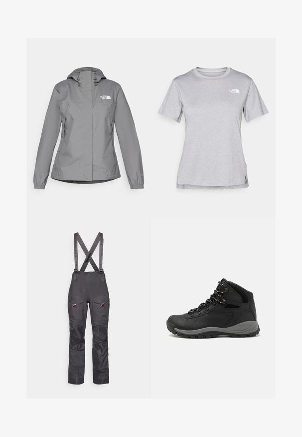 Siva vodoodporna jakna s kapuco, z elastičnimi manšetami, z zippered stranskimi žepi in belim logotipom na levem prsnem delu. Gladka tekstura.; Siva kratka majica s kratkimi rokavi, izdelana iz mehkega, vlago odvračajočega materiala. Ima okroglo izrez in majhen bel logotip na zgornji levi strani.; Črne vodoodporne smučarske hlače z nastavljivimi naramnicami, ojačanimi koleni, več žepi in kontrastnimi sivimi trakovi. Trpežna tekstura materiala.; Črne pohodniške čevlje z srednje visokim dizajnom, ki imajo teksturirano zgornji del, sivi dodatki in vzdržljiv gumen podplat s protizdrsnimi izboklinami.