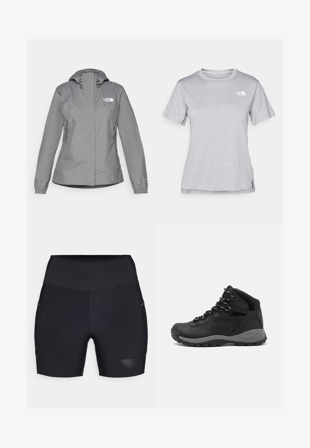 Šedá voděodolná bunda s kapucí, vybavená elastickými manžetami, bočními kapsami na zip a bílým logem na levé hrudi. Hladká textura.; Šedé tričko s krátkým rukávem vyrobené z měkké, vlhkosti odvádějící tkaniny. Obsahuje kulatý výstřih a malé bílé logo na levém horním rukávu.; Černé sportovní kraťasy s vysokým pasem, vyrobené z elastického materiálu. Mezi vlastnostmi jsou logo na boku a diskrétní boční kapsy.; Černé turistické boty s mírně vyšším střihem, které mají texturovaný svršek, šedé detaily a odolnou gumovou podrážku s trakčními výstupky.