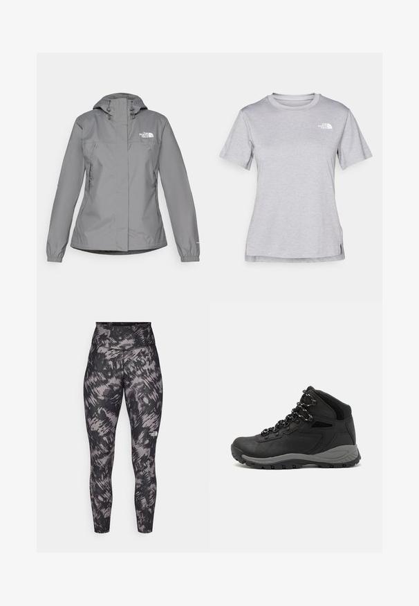 Šedá voděodolná bunda s kapucí, vybavená elastickými manžetami, bočními kapsami na zip a bílým logem na levé hrudi. Hladká textura.; Šedé tričko s krátkým rukávem vyrobené z měkké, vlhkosti odvádějící tkaniny. Obsahuje kulatý výstřih a malé bílé logo na levém horním rukávu.; Vysoké sportovní legíny v černobílém abstraktním vzoru. Vyrobené z elastického materiálu s hladkým povrchem. Obsahují detail loga.; Černé turistické boty s mírně vyšším střihem, které mají texturovaný svršek, šedé detaily a odolnou gumovou podrážku s trakčními výstupky.