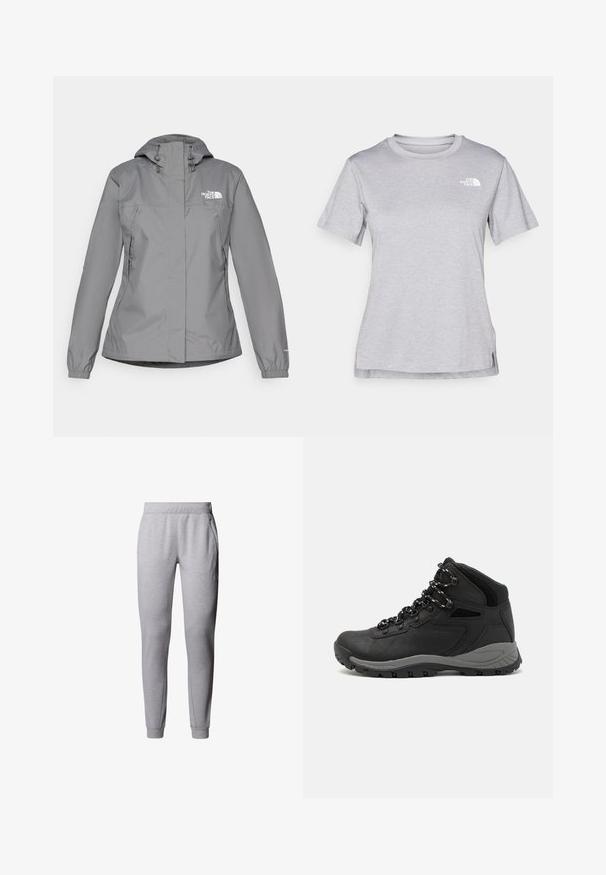 Grå vandtæt jakke med hætte, udstyret med elastiske manchetter, lynlåslommer på siden og et hvidt logo på venstre bryst. Glat overflade.; Grå kortærmet T-shirt lavet af blødt, fugttransporterende materiale. Har en rund hals og et lille hvidt logo øverst til venstre.; Grå, tapered sweatpants lavet af blød bomuldsblanding, med elastisk talje, sidelommer og tætsiddende manchetter ved anklerne.; Sort vandrestøvle med en mellem-højde design, der har en tekstureret overdel, grå detaljer og en holdbar gummisål med skridsikre klodser.
