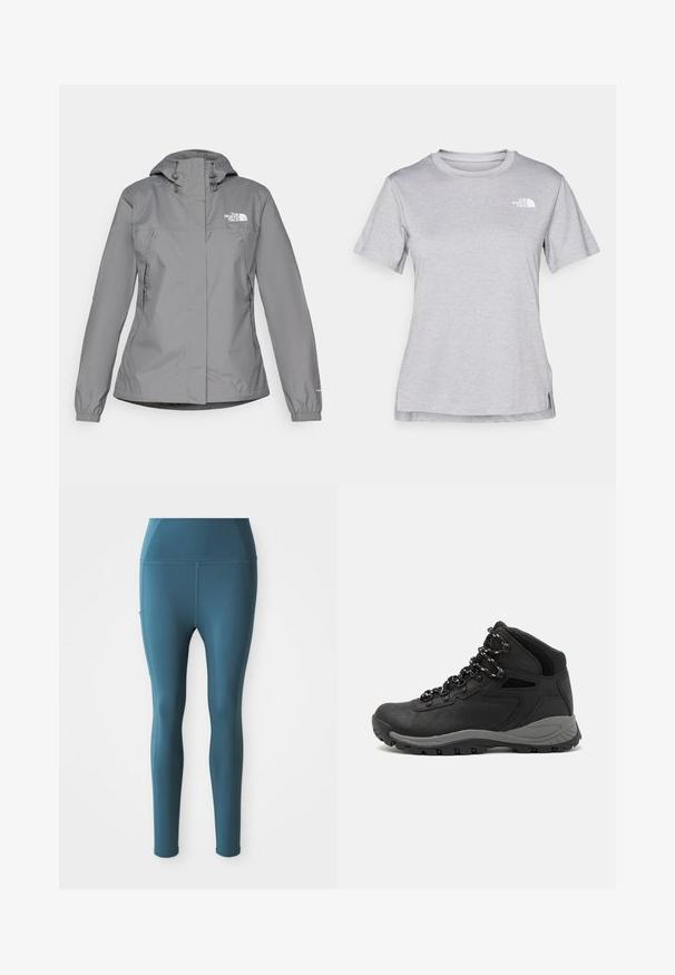 Pelēks ūdensnecaurlaidīgs mētelis ar kapuci, ar elastīgām aprocēm, ar rāvējslēdzēja sānu kabatām un baltu logotipu kreisajā krūtī. Gluda tekstūra.; Pelēks īsām piedurknēm T-krekls, kas izgatavots no mīksta, mitrumu noturoša auduma. Tam ir apaļš kakls un neliels balts logo kreisajā augšējā stūrī.; Tirkīza krāsas stieptas legingi ar gludu tekstūru, augstu jostasvietu, sānu kabatām un bez redzamām šuvēm, kas paredzēti sporta apģērbam.; Melni pārgājienu zābaki ar vidēju augstumu, ar teksturētu augšdaļu, pelēkiem akcentiem un izturīgu gumijas zoli ar saķeres izvirzījumiem.
