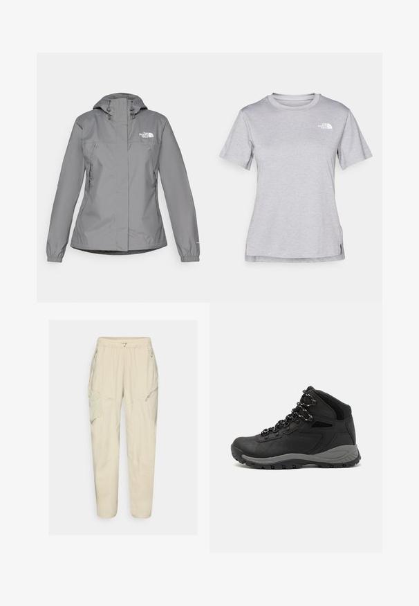 Pelēks ūdensnecaurlaidīgs mētelis ar kapuci, ar elastīgām aprocēm, ar rāvējslēdzēja sānu kabatām un baltu logotipu kreisajā krūtī. Gluda tekstūra.; Pelēks īsām piedurknēm T-krekls, kas izgatavots no mīksta, mitrumu noturoša auduma. Tam ir apaļš kakls un neliels balts logo kreisajā augšējā stūrī.; Gai bēšas kravas bikses ar elastīgu jostu, ar rāvējslēdzēja kabatām un paneļu detaļām. Izgatavotas no gluda, viegla auduma.; Melni pārgājienu zābaki ar vidēju augstumu, ar teksturētu augšdaļu, pelēkiem akcentiem un izturīgu gumijas zoli ar saķeres izvirzījumiem.