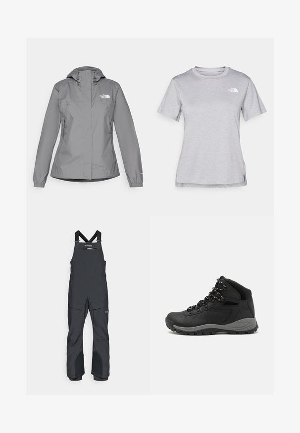 Grijze waterdichte jas met een capuchon, voorzien van elastische manchetten, ritszakken aan de zijkanten en een wit logo op de linkerborst. Glad van structuur.; Grijze T-shirt met korte mouwen, gemaakt van zachte, vochtabsorberende stof. Heeft een ronde hals en een klein wit logo op de bovenste linkerzijde.; Zwarte geïsoleerde bretels gemaakt van waterdicht materiaal, met verstelbare banden, een voorzak met rits en versterkte knieën.; Zwarte wandelschoen met een mid-top ontwerp, voorzien van een gestructureerde bovenkant, grijze accenten en een duurzame rubberen zool met gripnoppen.