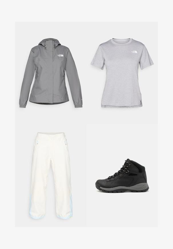 Giacca impermeabile grigia con cappuccio, dotata di polsini elastici, tasche laterali con zip e un logo bianco sul petto sinistro. Texture liscia.; T-shirt grigio a maniche corte realizzato in morbido tessuto traspirante. Presenta un collo tondo e un piccolo logo bianco nella parte superiore sinistra.; Pantaloni beige chiaro a gamba larga con una texture liscia, caratterizzati da accenti blu ai polsini e tasche laterali con zip. Tessuto leggero.; Stivale da trekking nero con design a metà altezza, dotato di una tomaia texturizzata, accenti grigi e suola in gomma resistente con tasselli per la trazione.