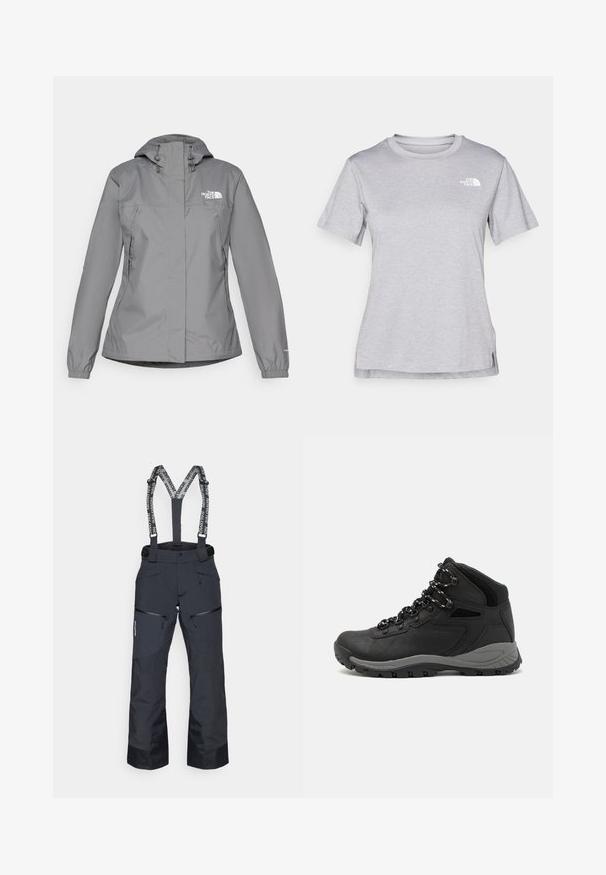 Pilkas vandeniui atsparus švarkas su gobtuvu, turintis elastingus rankogalius, užtrauktuku užsegamas šonines kišenes ir baltą logotipą kairėje krūtinės pusėje. Lygus paviršius.; Pilkas trumpomis rankovėmis marškinėliai, pagaminti iš minkštos, drėgmę sugeriančios medžiagos. Turi apvalią iškirptę ir mažą baltą logotipą viršutiniame kairiajame kampe.; Juodos slidinėjimo kelnės su reguliuojamomis petnešomis, užtrauktukais užsegamomis kišenėmis ir tekstūruotais intarpais. Savybės: sustiprinti sijonai ilgaamžiškumui.; Juodas žygio botas su vidutinio aukščio dizainu, pasižymintis tekstūruota viršutine dalimi, pilkų akcentų ir patvaria guma padanga su sukibimo gumbais.