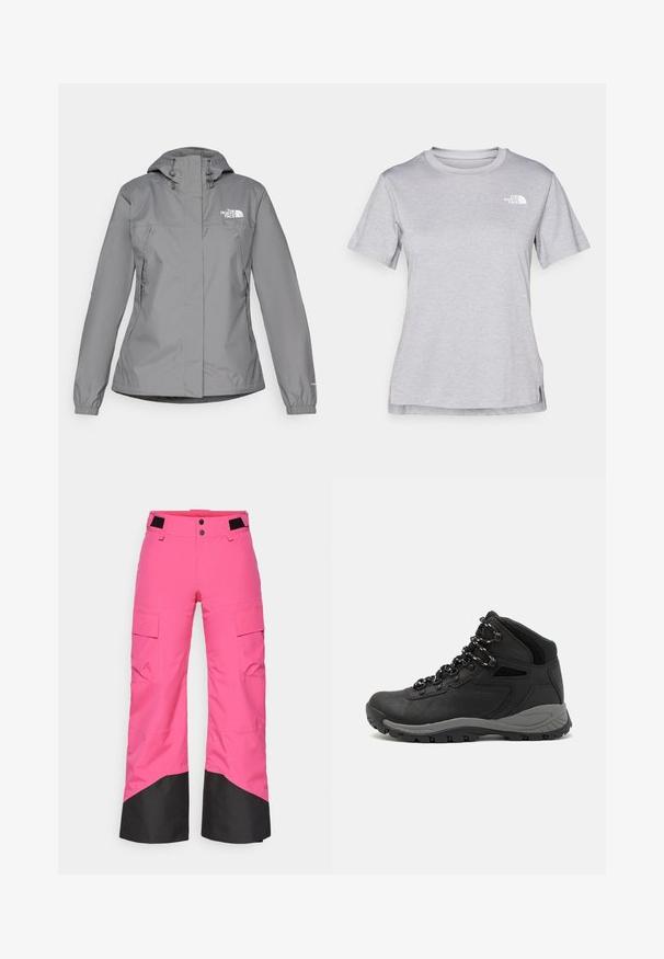 Szürke vízálló dzseki kapucnival, elasztikus mandzsettákkal, cipzáras oldalsó zsebekkel és fehér logóval a bal mellen. Sima textúra.; Szürke, rövid ujjú póló, puha, nedvességet elvezető anyagból készült. Kerek nyakú, és egy kis fehér logó található a bal felső részen.; Rózsaszín sínadrág fekete alsó résszel, tartós anyagból készült. Toolotta zsebekkel és széles lábbal rendelkezik a kényelem és a mozgékonyság érdekében.; Fekete túracipő közepes magasságú kialakítással, texturált felsőrésszel, szürke részletekkel és strapabíró gumitalppal, amelynek tapadós kiemelkedései vannak.