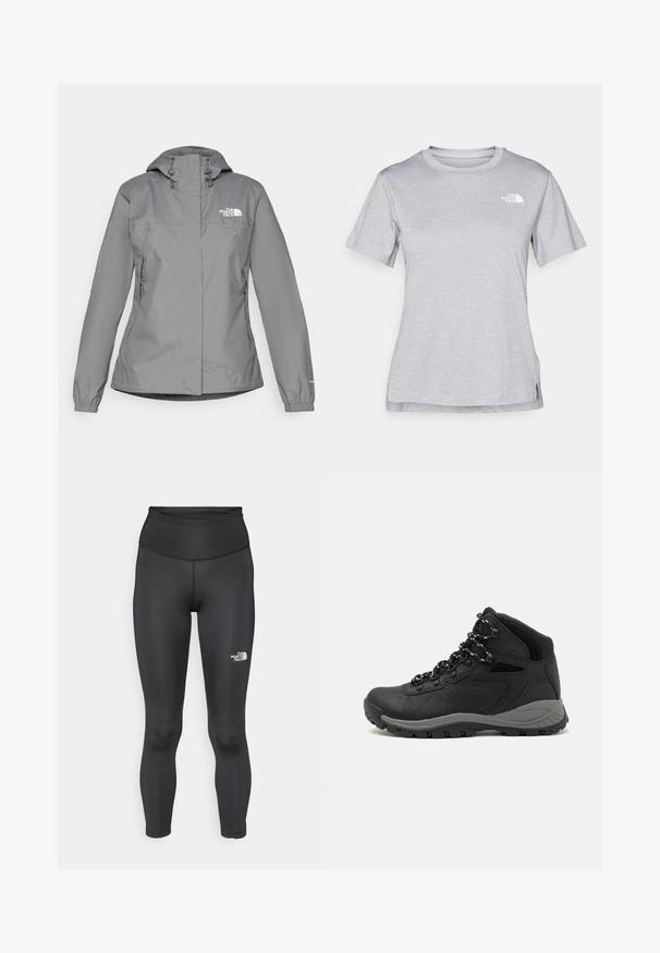 Gray waterproof jacket with a hood, featuring elastic cuffs, zippered side pockets, and a white logo on the left chest. Smooth texture.; Grey short-sleeve t-shirt made of soft, moisture-wicking fabric. Features a crew neck and a small white logo on the upper left.; High-waisted black leggings made from a smooth, stretchy fabric. Features a logo on the lower leg and a fitted ankle length.; Black hiking boot with a mid-top design, featuring a textured upper, gray accents, and durable rubber sole with traction lugs.
