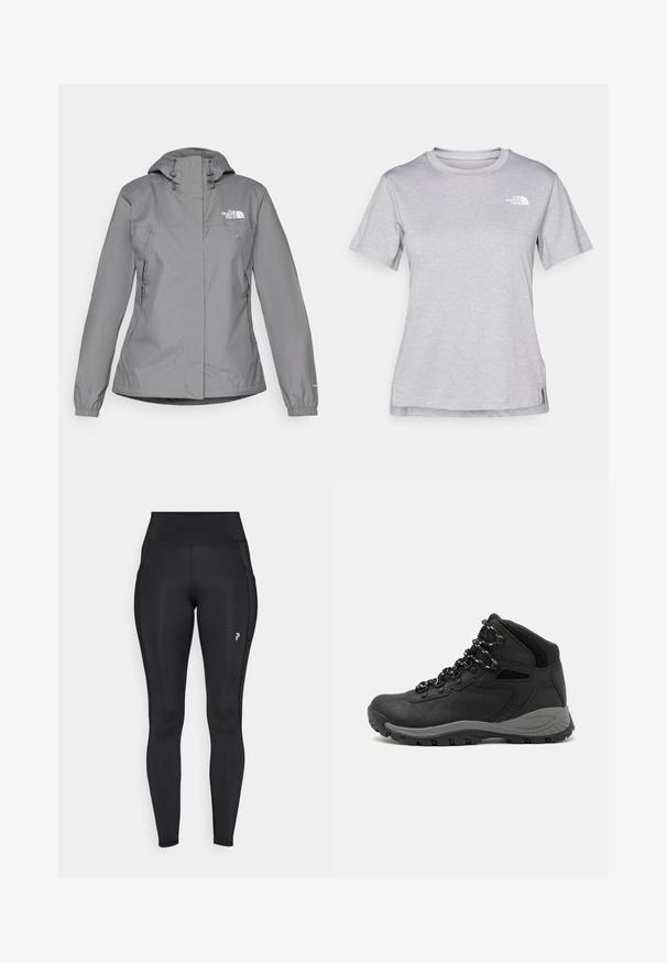 Gray waterproof jacket with a hood, featuring elastic cuffs, zippered side pockets, and a white logo on the left chest. Smooth texture.; Grey short-sleeve t-shirt made of soft, moisture-wicking fabric. Features a crew neck and a small white logo on the upper left.; Black full-length leggings made of stretchy material, featuring a high waist, side pockets, and a small logo on the left thigh.; Black hiking boot with a mid-top design, featuring a textured upper, gray accents, and durable rubber sole with traction lugs.