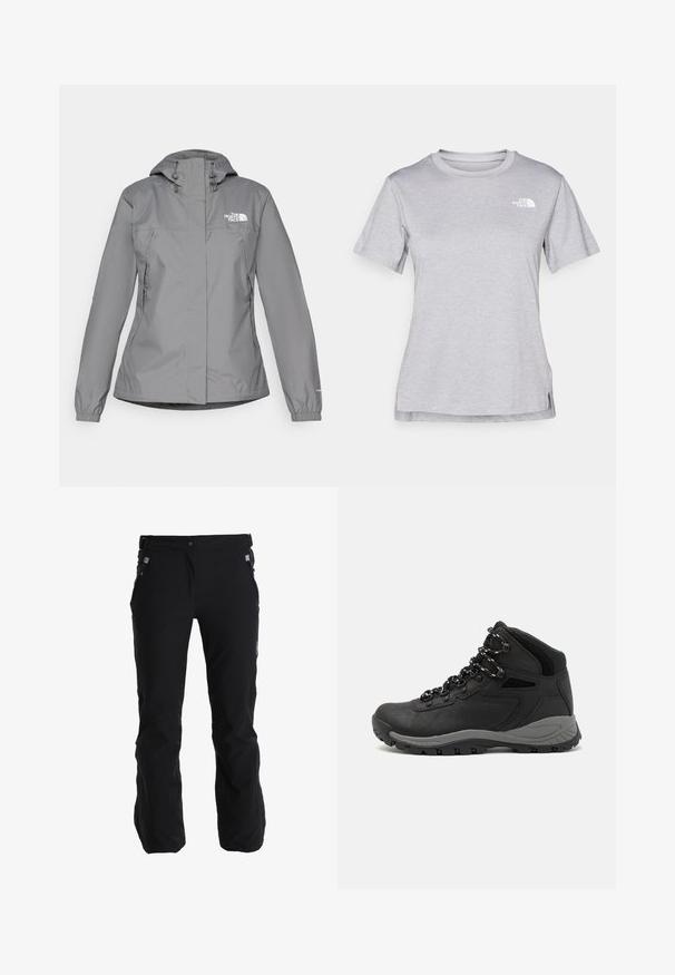 Grå vattentät jacka med huva, med elastiska manschetter, dragkedjefickor på sidan och en vit logotyp på vänster bröst. Slät textur.; Grå kortärmad t-shirt i mjukt, fuktavledande tyg. Har en rund halsringning och en liten vit logotyp på övre vänstra sidan.; Svarta vattentäta byxor med justerbar midja, blixtlåsfickor och avslappnad passform. Tillverkade av slitstarkt, lätt material med en mjuk textur.; Svart vandringskänga med mellanhög design, som har en texturerad överdel, grå accenter och en slitstark gummisula med greppklackar.