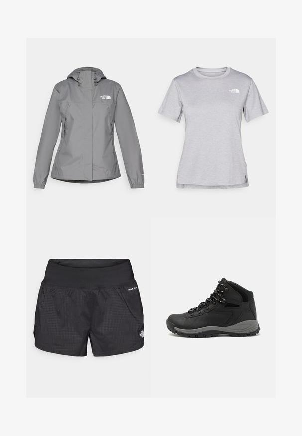 Gray waterproof jacket with a hood, featuring elastic cuffs, zippered side pockets, and a white logo on the left chest. Smooth texture.; Grey short-sleeve t-shirt made of soft, moisture-wicking fabric. Features a crew neck and a small white logo on the upper left.; Black running shorts with a textured fabric, elastic waistband, and side pockets; features a small logo on the front.; Black hiking boot with a mid-top design, featuring a textured upper, gray accents, and durable rubber sole with traction lugs.