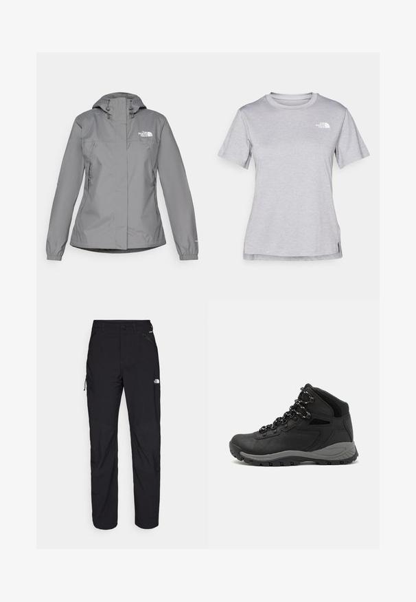 Siva vodootporna jakna s kapuljačom, s elastičnim manžetama, patentnim zatvaračem sa strane i bijelim logoom na lijevoj strani prsnog koša. Glatka tekstura.; Siva kratka majica s kratkim rukavima izrađena od mekog, tkanog materijala koji upija vlagu. Ima okruglu izrez i mali bijeli logo na gornjem lijevom dijelu.; Crne vanjske hlače regularnog kroja, izrađene od laganog materijala. Karakteristike uključuju zatvarače, džepove i pojačane koljena za veću izdržljivost.; Crne planinarske čizme s dizajnom srednjeg vrha, sa teksturiranim gornjim dijelom, sivim akcentima i izdržljivom gumom potplatom s uzorkom za prianjanje.