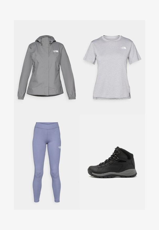 Pilkas vandeniui atsparus švarkas su gobtuvu, turintis elastingus rankogalius, užtrauktuku užsegamas šonines kišenes ir baltą logotipą kairėje krūtinės pusėje. Lygus paviršius.; Pilkas trumpomis rankovėmis marškinėliai, pagaminti iš minkštos, drėgmę sugeriančios medžiagos. Turi apvalią iškirptę ir mažą baltą logotipą viršutiniame kairiajame kampe.; Mėlyni sportiniai leggingai, pagaminti iš minkštos, tamprios medžiagos. Ypatybės: aukšta juosmens linija ir mažas baltas logotipas kairiajame šlaunies šone.; Juodas žygio botas su vidutinio aukščio dizainu, pasižymintis tekstūruota viršutine dalimi, pilkų akcentų ir patvaria guma padanga su sukibimo gumbais.