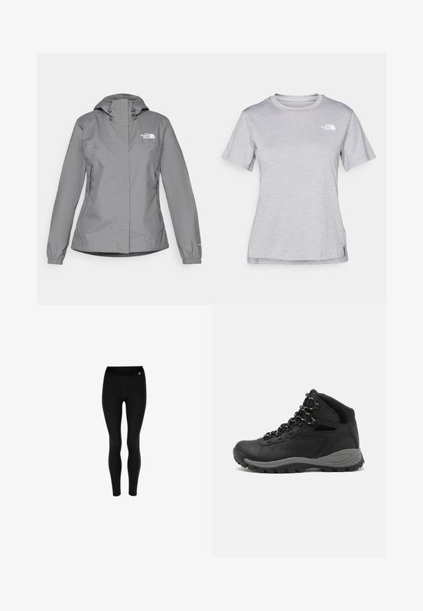 Grå vandtæt jakke med hætte, udstyret med elastiske manchetter, lynlåslommer på siden og et hvidt logo på venstre bryst. Glat overflade.; Grå kortærmet T-shirt lavet af blødt, fugttransporterende materiale. Har en rund hals og et lille hvidt logo øverst til venstre.; Sorte leggings lavet af strækbart materiale med høj talje og glat tekstur. Ingen mønstre; enkelt og kropsnært design.; Sort vandrestøvle med en mellem-højde design, der har en tekstureret overdel, grå detaljer og en holdbar gummisål med skridsikre klodser.
