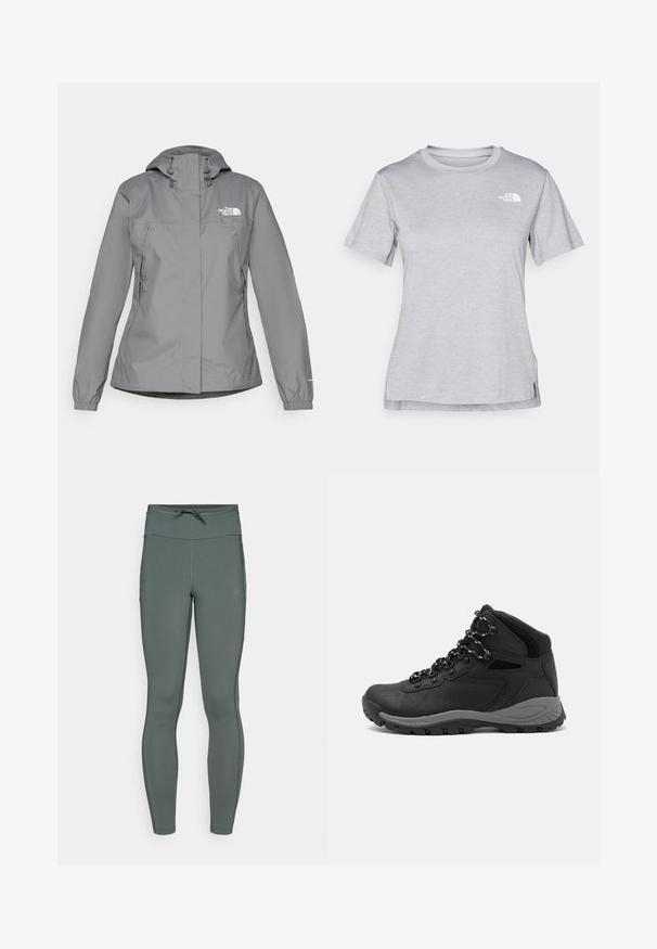 Szara wodoodporna kurtka z kapturem, z elastycznymi mankietami, zamykanymi kieszeniami bocznymi oraz białym logo na lewej piersi. Gładka tekstura.; Szara, krótkozasięgowa koszulka wykonana z miękkiego, odprowadzającego wilgoć materiału. Posiada okrągły dekolt oraz małe białe logo w górnym lewym rogu.; Legginsy o wysokim pasie w stonowanym zielonym kolorze, wykonane z elastycznej tkaniny o gładkiej strukturze i płaskich szwach; posiadają sznurek w talii.; Czarne buty trekkingowe z średnim cholewem, z teksturowaną cholewą, szarymi akcentami oraz trwałą gumową podeszwą z wypustkami zapewniającymi przyczepność.