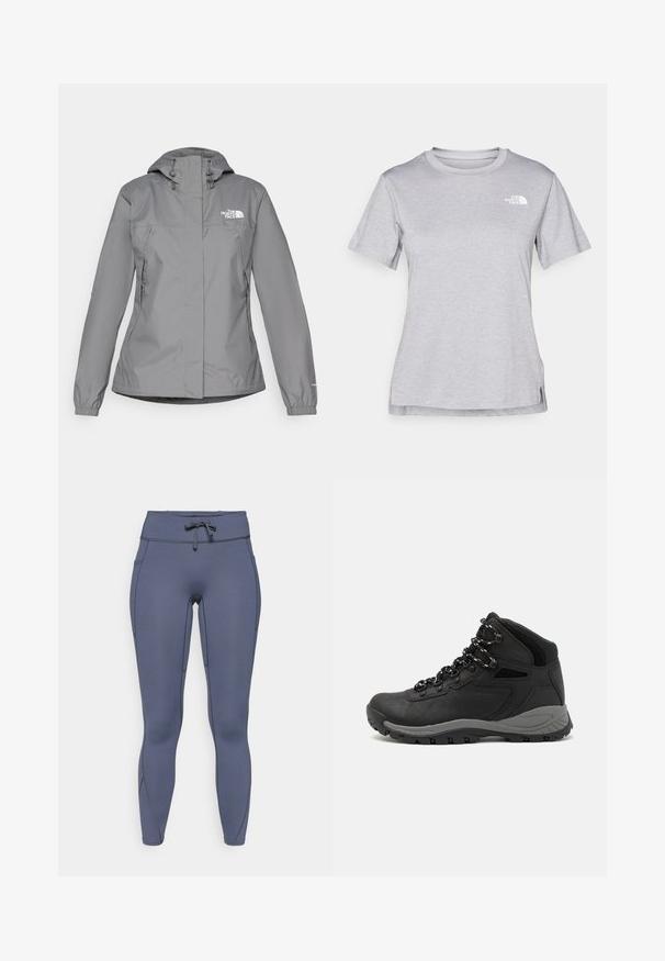 Grå vanntett jakke med hette, med elastiske mansjetter, glidelåslommer på sidene og en hvit logo på venstre bryst. Glatt tekstur.; Grå kortermet t-skjorte laget av myk, fukttransporterende stoff. Har en rund hals og en liten hvit logo på øvre venstre side.; Høye leggings i en mørk skiferblå farge, laget av elastisk stoff. Har snor i livet, sidelommer og kontrastsøm.; Sorte turstøvler med mid-topp design, som har en teksturert overdel, grå detaljer og slitesterk gummisåle med godt grep.