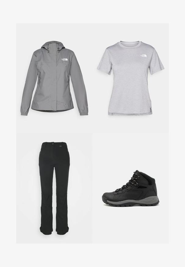 Grijze waterdichte jas met een capuchon, voorzien van elastische manchetten, ritszakken aan de zijkanten en een wit logo op de linkerborst. Glad van structuur.; Grijze T-shirt met korte mouwen, gemaakt van zachte, vochtabsorberende stof. Heeft een ronde hals en een klein wit logo op de bovenste linkerzijde.; Zwarte broek van rekbare stof, met een slim fit, platte tailleband, zipzakken en elastische boorden bij de enkels.; Zwarte wandelschoen met een mid-top ontwerp, voorzien van een gestructureerde bovenkant, grijze accenten en een duurzame rubberen zool met gripnoppen.