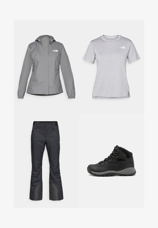 Grau wasserfeste Jacke mit Kapuze, ausgestattet mit elastischen Bündchen, Reißverschlusstaschen an den Seiten und einem weißen Logo auf der linken Brust. Glatte Textur.; Graues T-Shirt mit kurzen Ärmeln aus weichem, feuchtigkeitsableitendem Stoff. Hat einen Rundhalsausschnitt und ein kleines weißes Logo auf der oberen linken Seite.; Schwarze Schneehosen aus strapazierfähigem Material, mit geradem Beindesign, eingesetzten Taschen und verstärkten unteren Paneelen für zusätzlichen Schutz.; Schwarzer Wanderstiefel mit einem mittelhohen Design, ausgestattet mit einer strukturierten Oberfläche, grauen Akzenten und einer robusten Gummisohle mit Profilstollen.