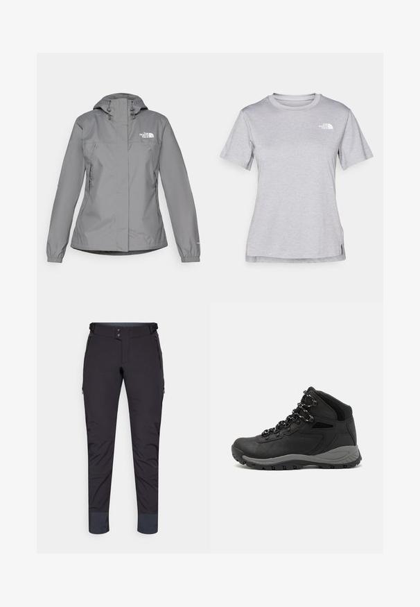 Szürke vízálló dzseki kapucnival, elasztikus mandzsettákkal, cipzáras oldalsó zsebekkel és fehér logóval a bal mellen. Sima textúra.; Szürke, rövid ujjú póló, puha, nedvességet elvezető anyagból készült. Kerek nyakú, és egy kis fehér logó található a bal felső részen.; Fekete technikai nadrág sima textúrával, cipzáras zsebekkel és keskenyített fazonnal. Két gombos záródással és megerősített mandzsettákkal rendelkezik.; Fekete túracipő közepes magasságú kialakítással, texturált felsőrésszel, szürke részletekkel és strapabíró gumitalppal, amelynek tapadós kiemelkedései vannak.