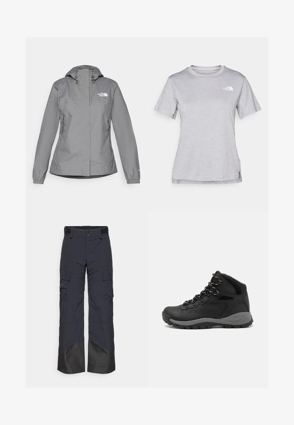 Grå vandtæt jakke med hætte, udstyret med elastiske manchetter, lynlåslommer på siden og et hvidt logo på venstre bryst. Glat overflade.; Grå kortærmet T-shirt lavet af blødt, fugttransporterende materiale. Har en rund hals og et lille hvidt logo øverst til venstre.; Mørkegrå cargo-bukser med dobbelte knapper, velcro-linning og forstærkede sorte nederste sektioner. Har flere sidelommer og lige ben.; Sort vandrestøvle med en mellem-højde design, der har en tekstureret overdel, grå detaljer og en holdbar gummisål med skridsikre klodser.